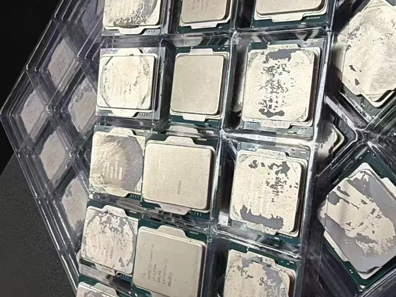 Trays of used Intel Core processors in a grading tray