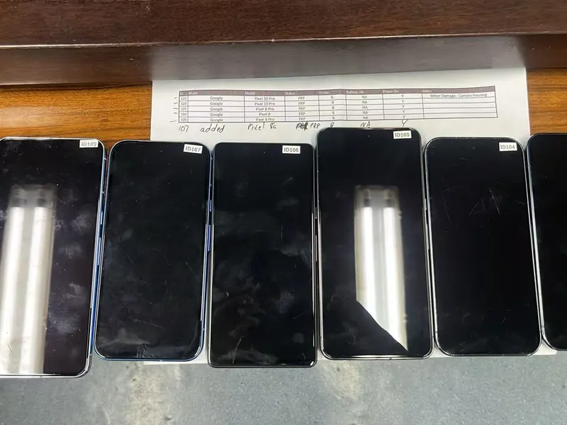 Graded used smartphones laid out in a grid with grade tags